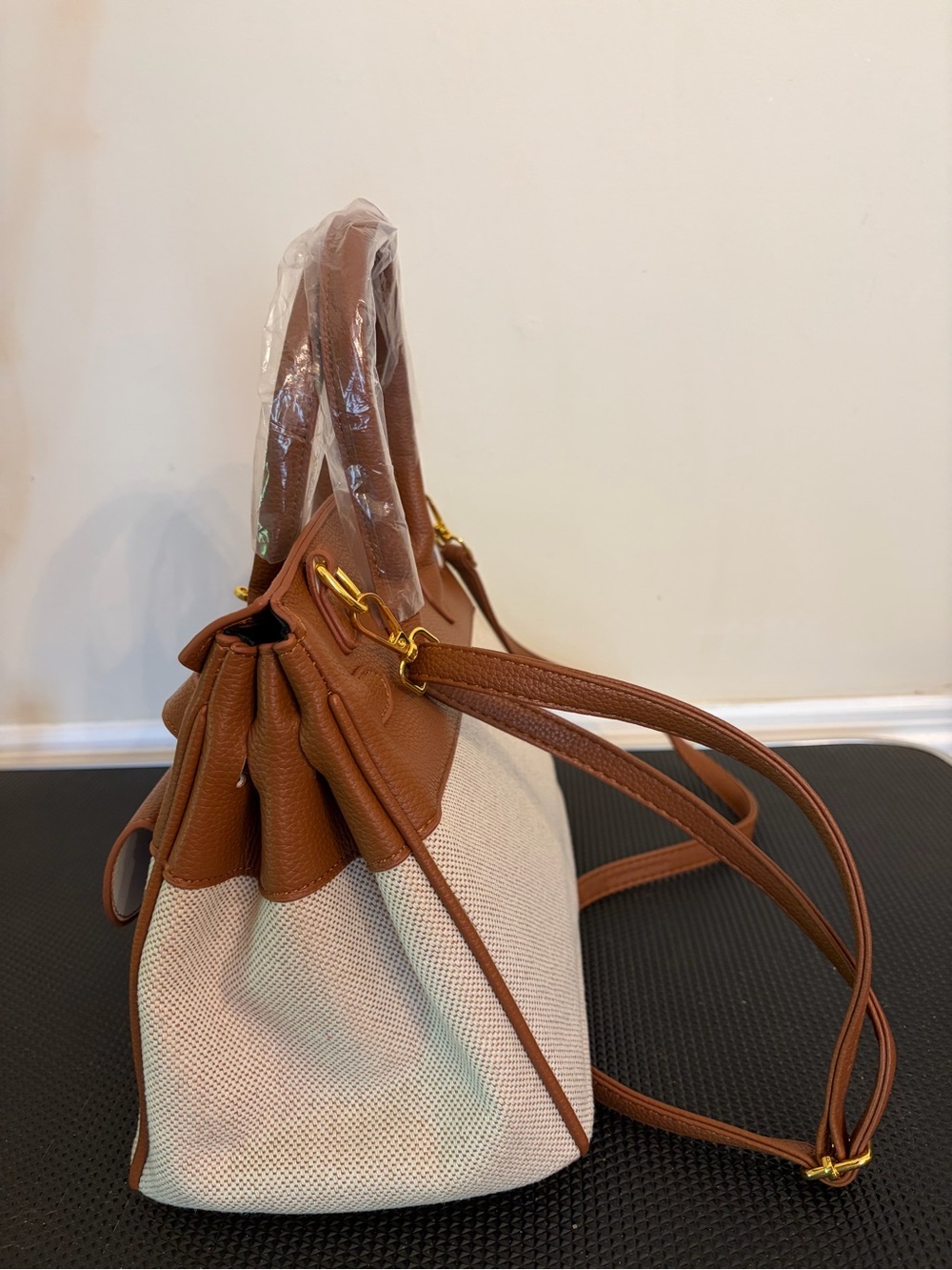 Structured vegan leather and canvas cargo top Handle Satchel - Picture 4 of 11